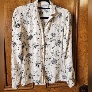 Rena Rowan Cream Button-Down Silk Shirt with Black Floral Print